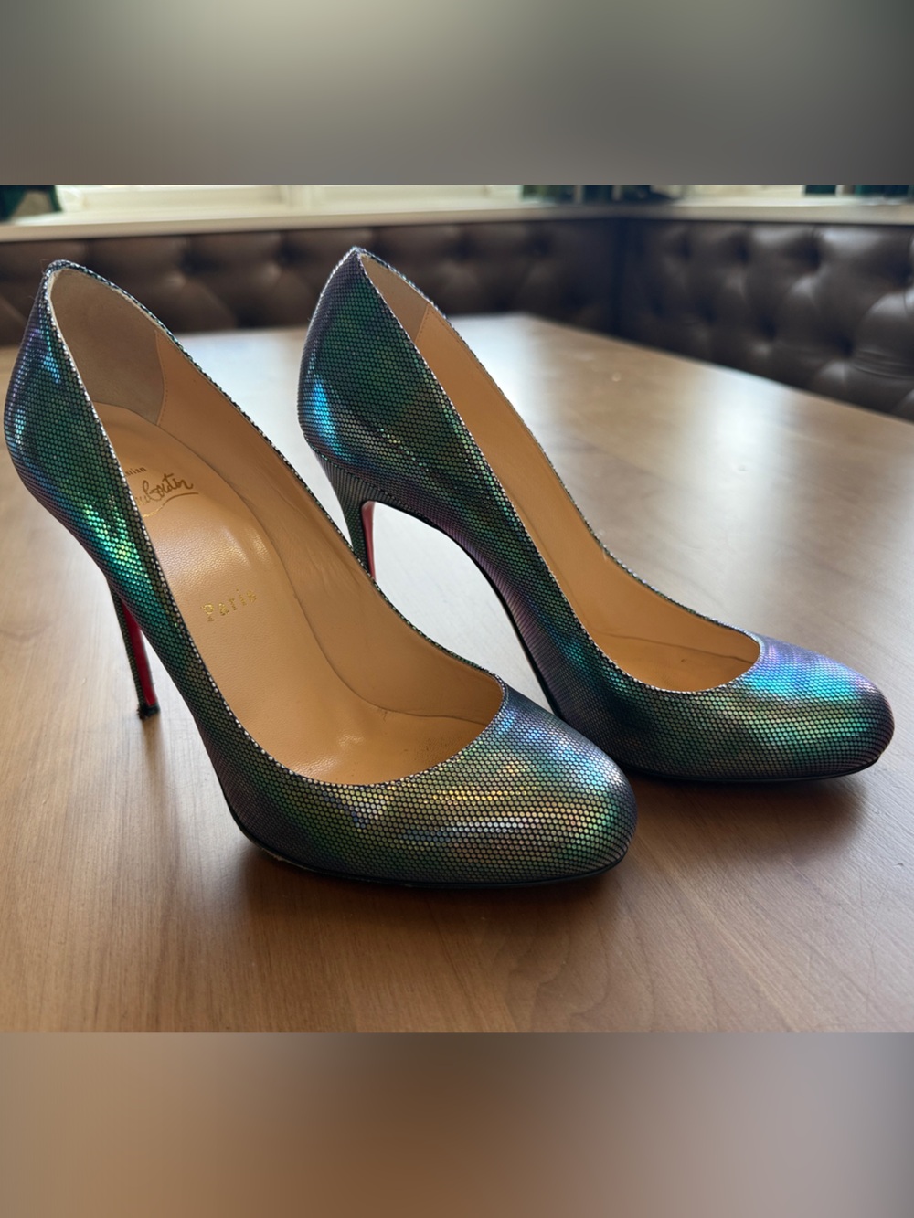 Christian Louboutin Iridescent Green-Blue Round Toe Pumps